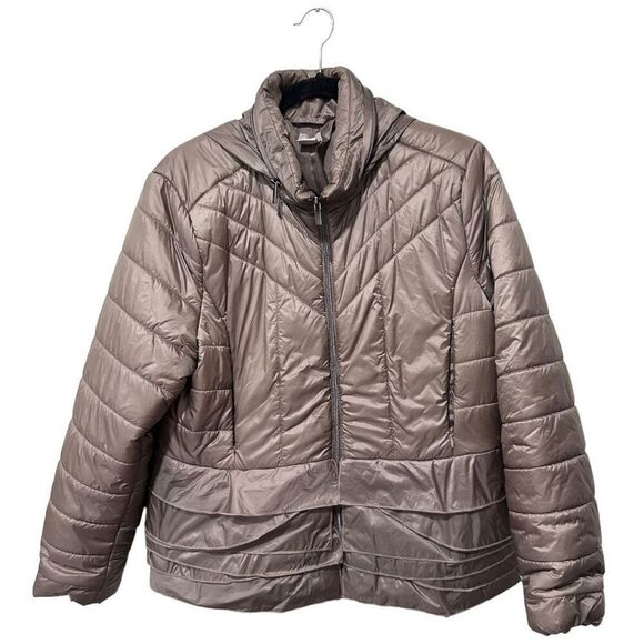 Chico's Zip Front Nylon Lined Packable Hood Quilted Puffer Coat Taupe Size Large - Picture 1 of 13